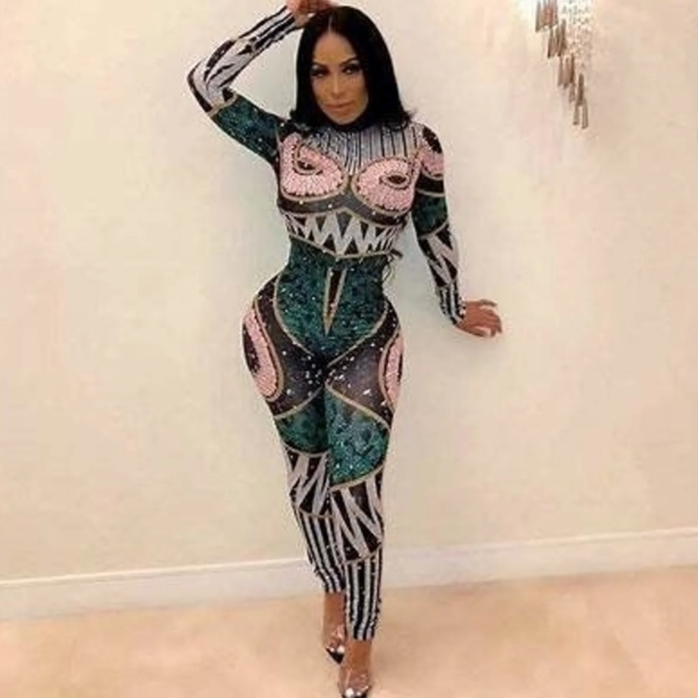 SEXY STRETCHY LIKE NEW BODYCON MARDI GRAS RHINESTONE JUMPSUIT